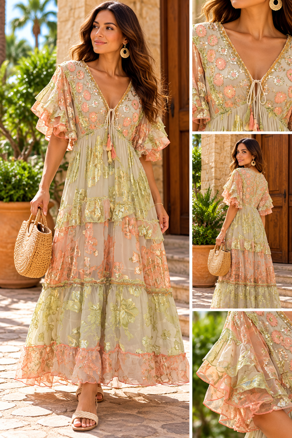 Robe Longue Bohème Fleurie à Sequins