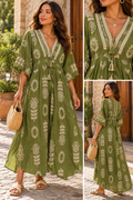 Robe Longue Bohème Kaki à Motifs Brodés 🌿