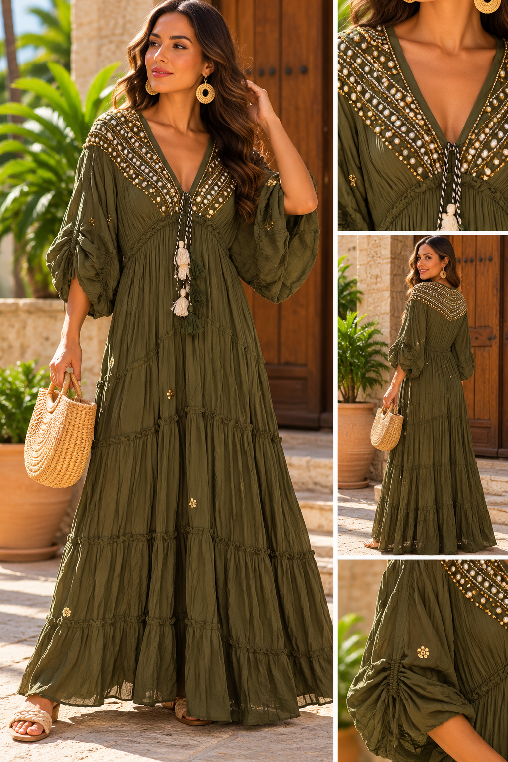 Robe Longue Bohème Kaki à Perles Dorées