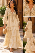 Robe Longue Bohème Écrue à Sequins Dorés