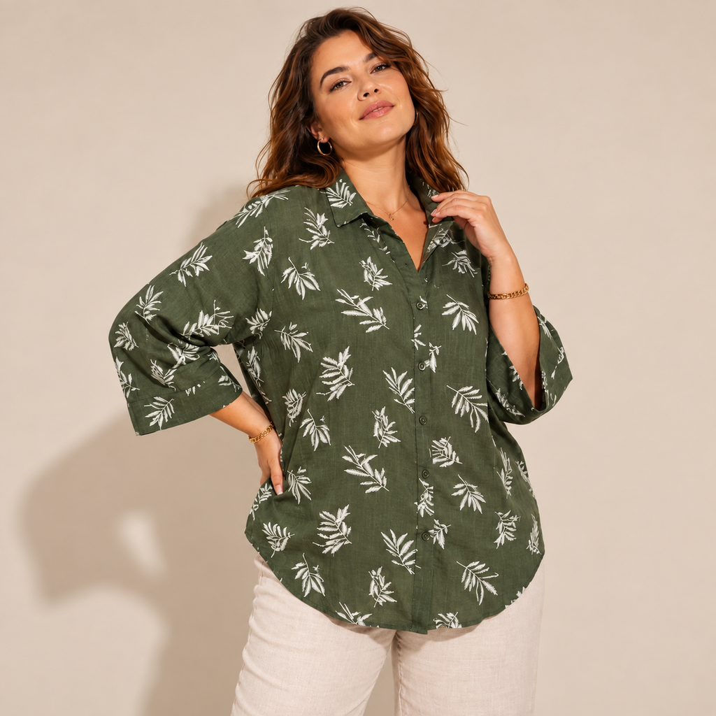 Chemisier coton lin brodé (manches 3/4)