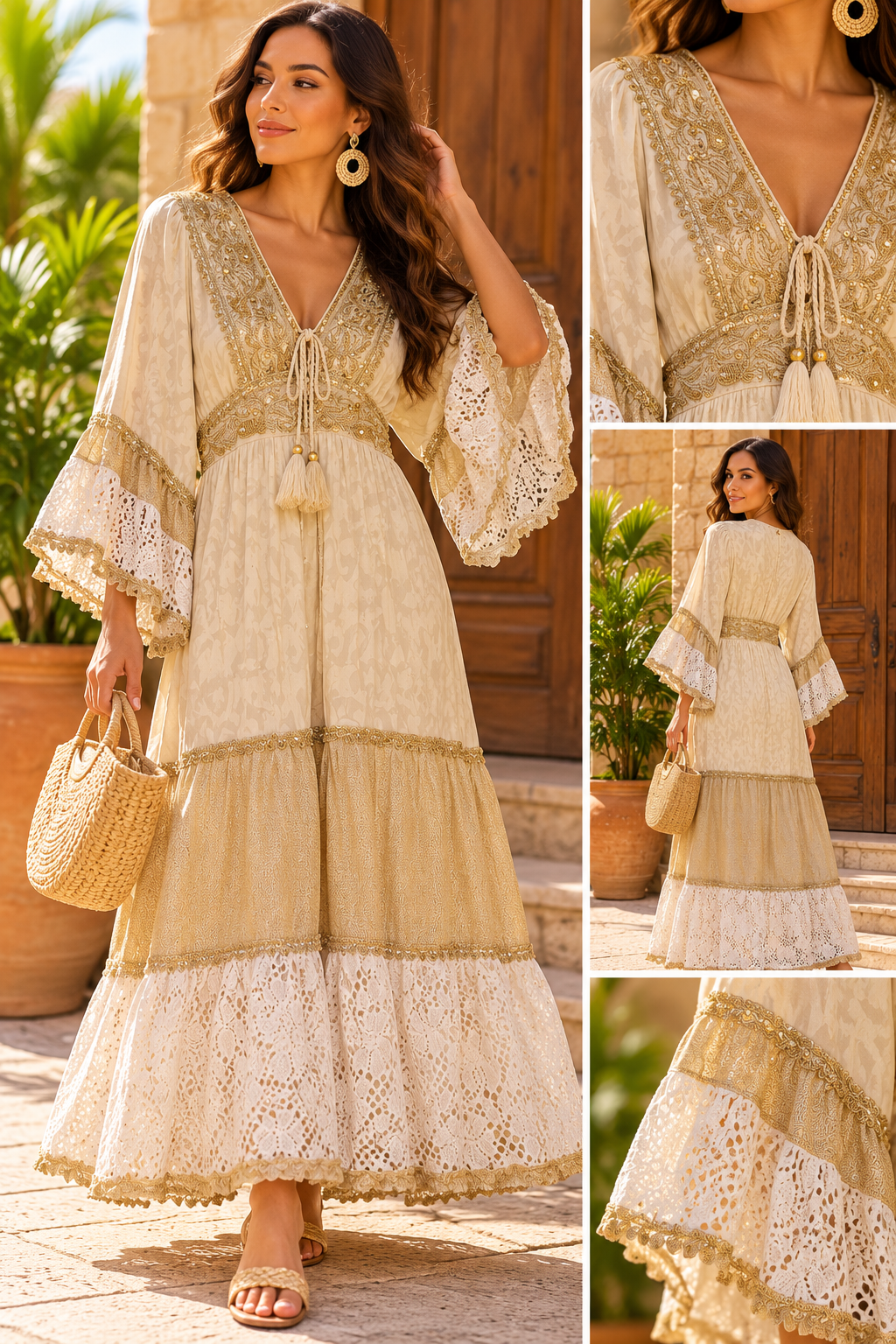 Robe Longue Bohème Écrue & Dorée