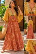 Robe Longue Bohème Dorée & Terracotta